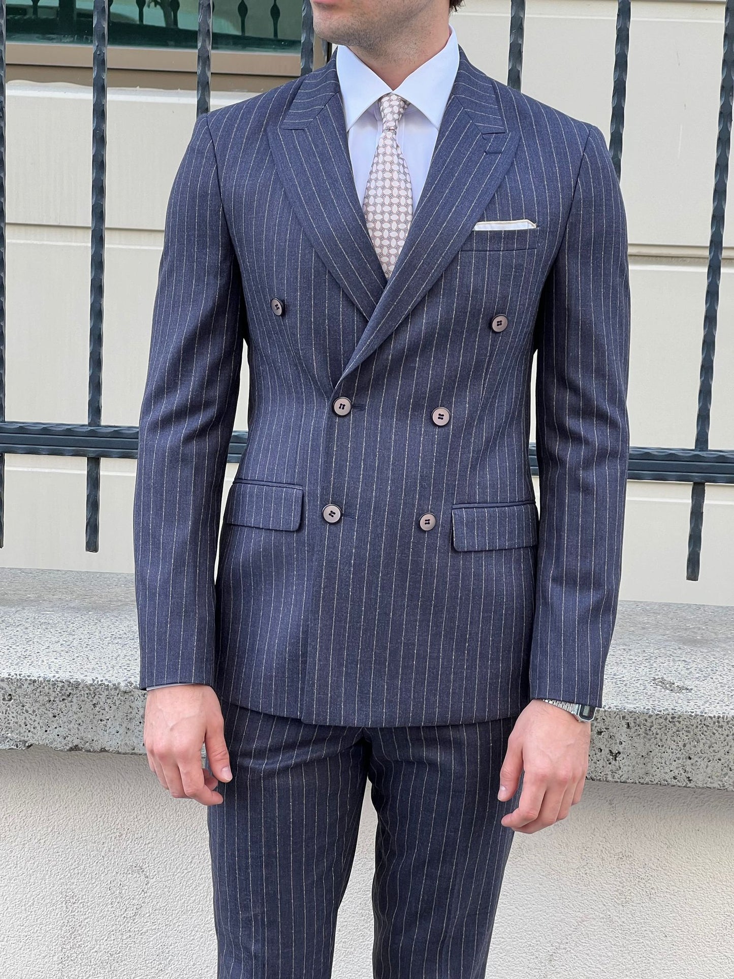 Conan Navy Blue Striped Double-Breasted Wool Suit