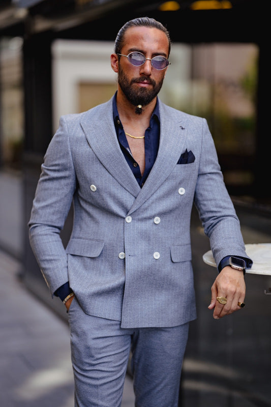 Lekra Ice Blue Striped Double Breasted Suit