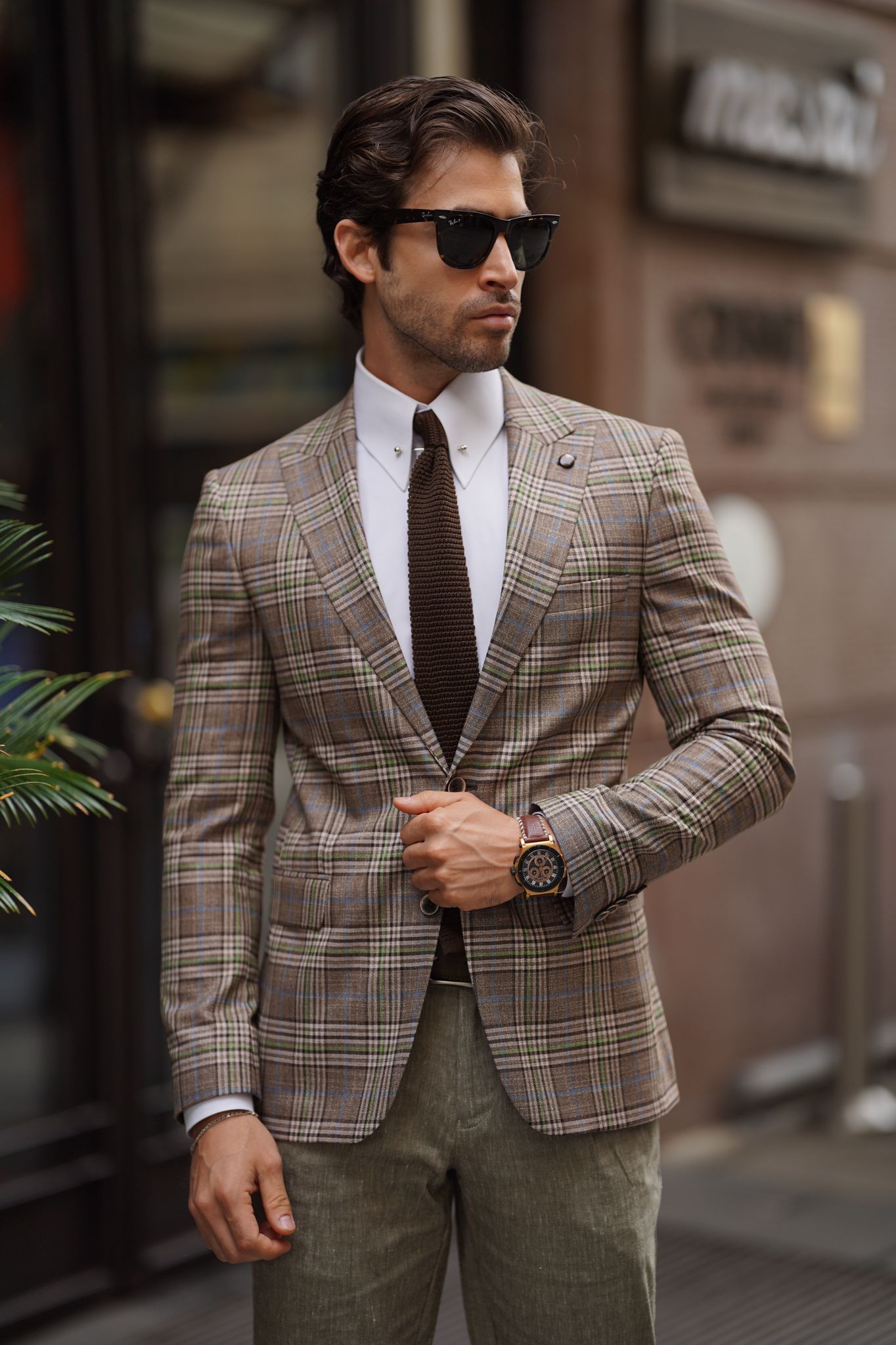 Rava Beige Plaid Slim Fit Blazer