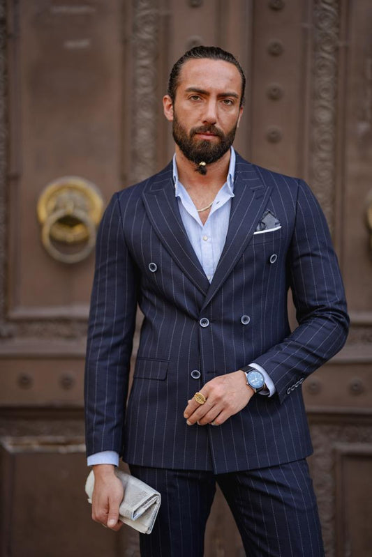 Verona Navy Blue Striped Double Breasted Suit