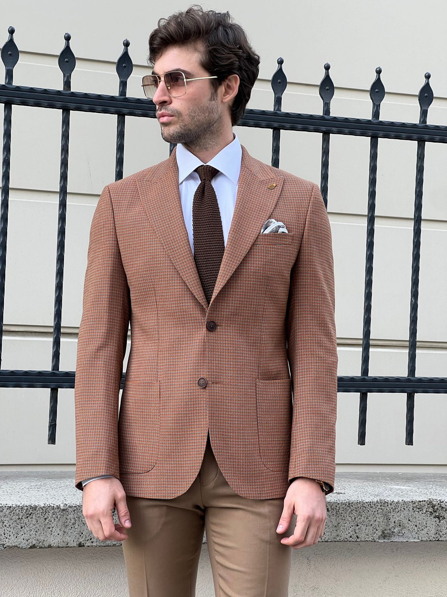 Samuel Camel Houndstooth Wool Blazer