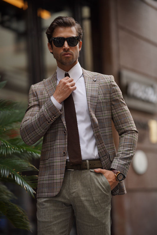 Rava Beige Plaid Slim Fit Blazer