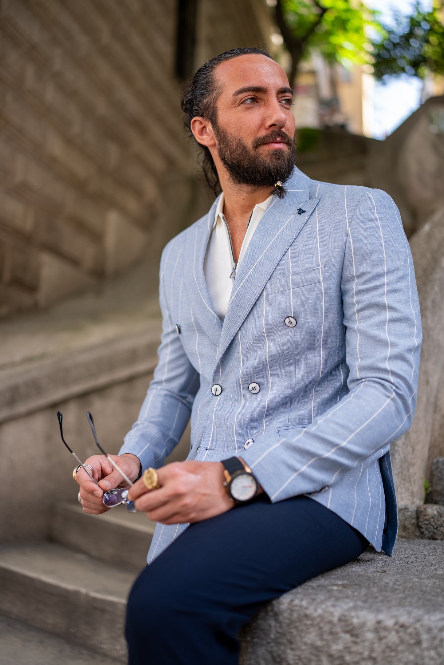 Rondo Blue Striped Double Breasted Blazer