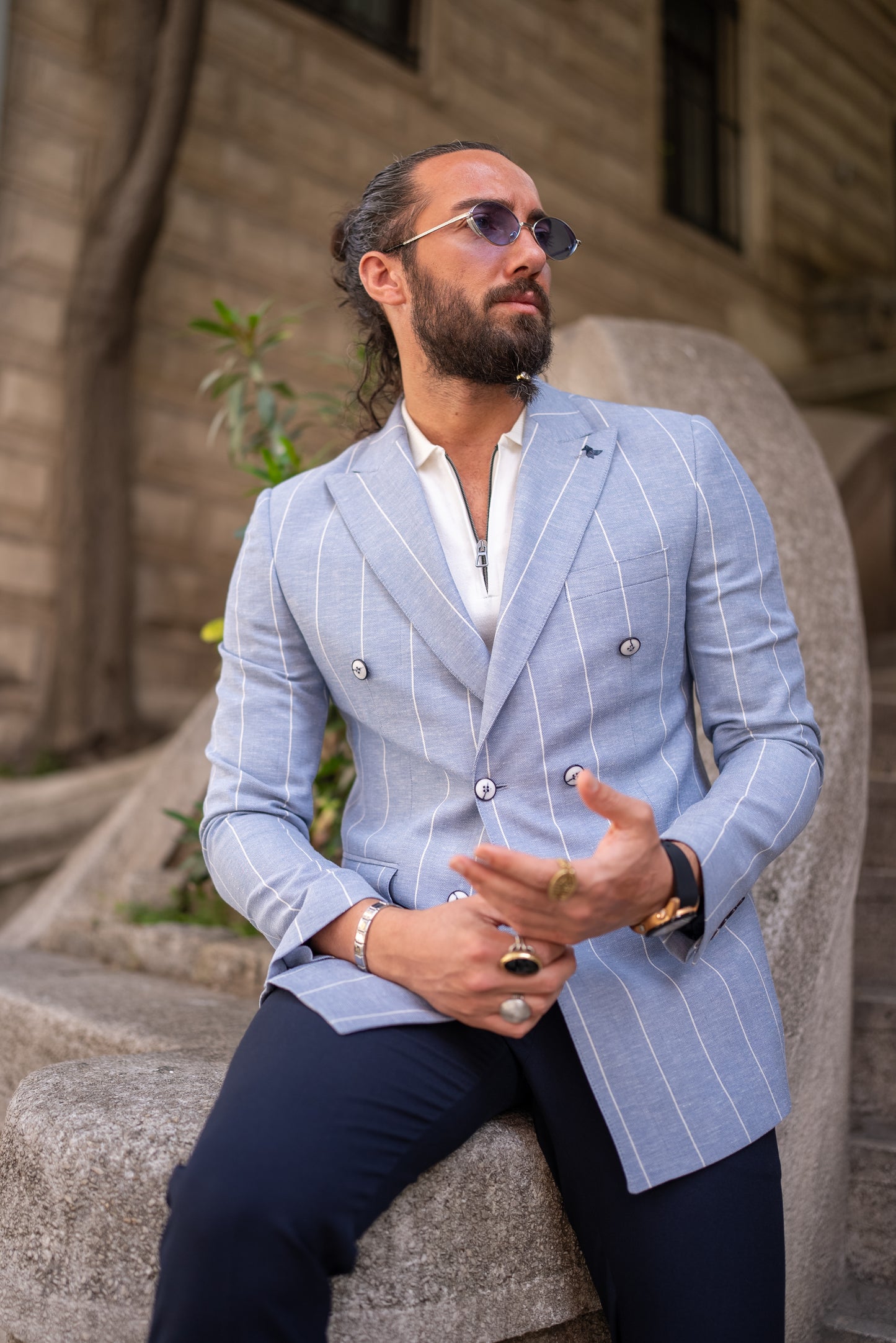 Rondo Blue Striped Double Breasted Blazer