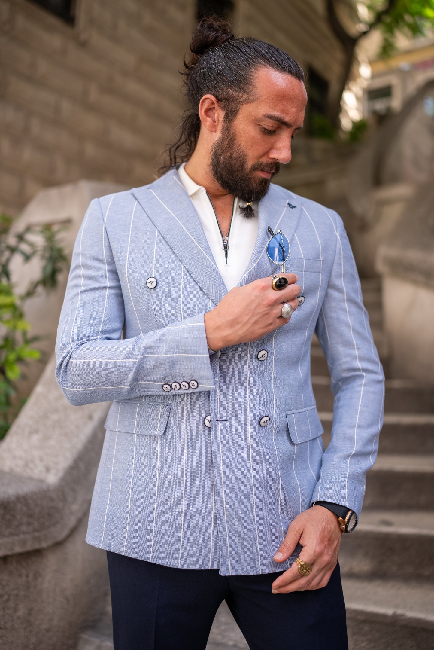 Rondo Blue Striped Double Breasted Blazer