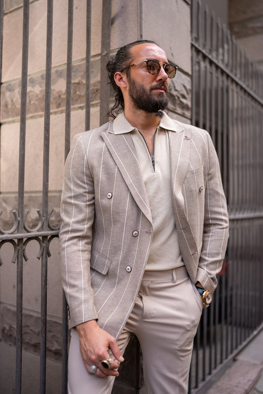 Rondo Beige Striped Double Breasted Blazer