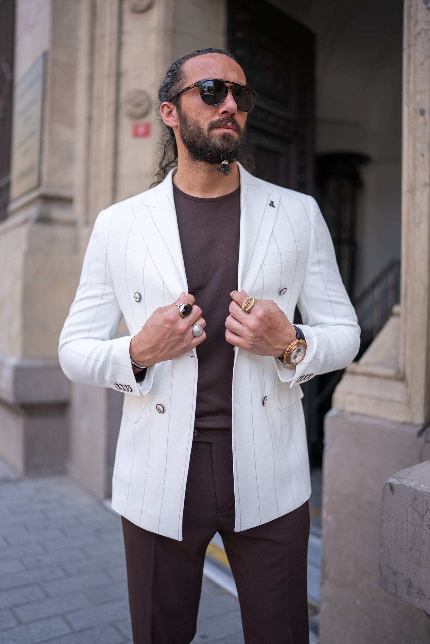 Rondo Ecru Striped Double Breasted Blazer