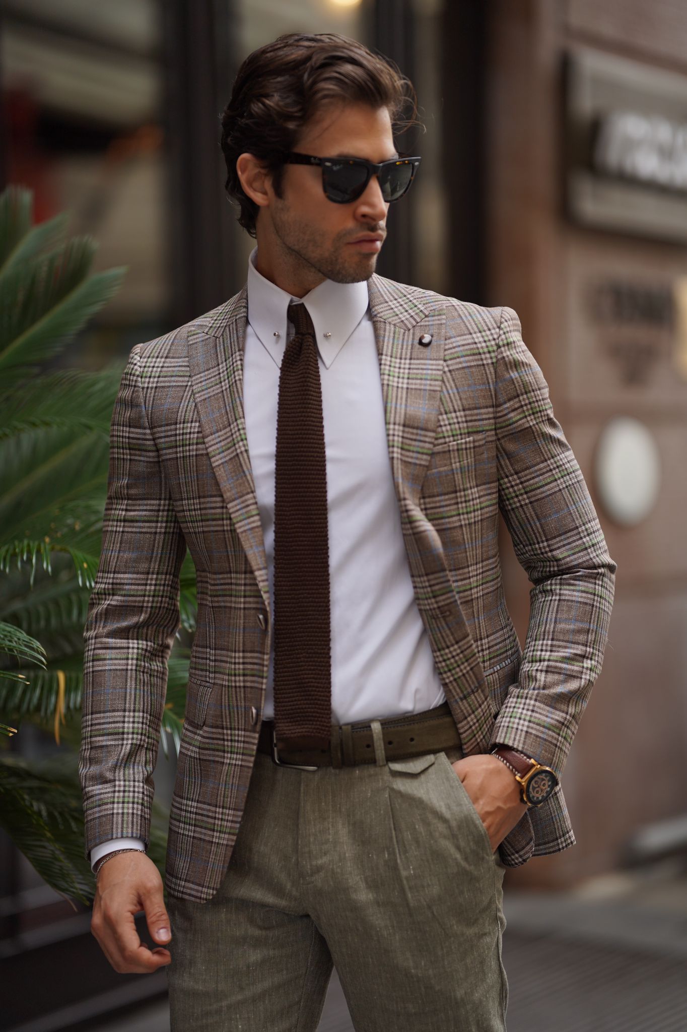 Rava Beige Plaid Slim Fit Blazer