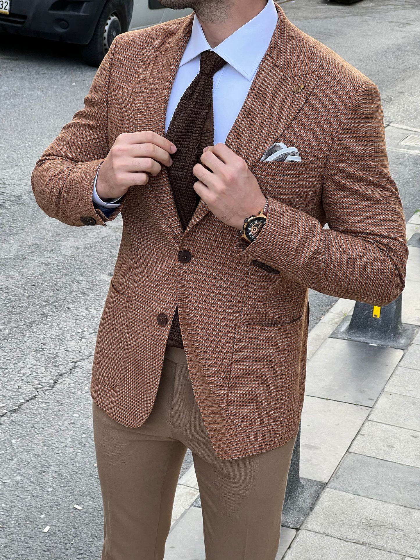 Samuel Camel Houndstooth Wool Blazer