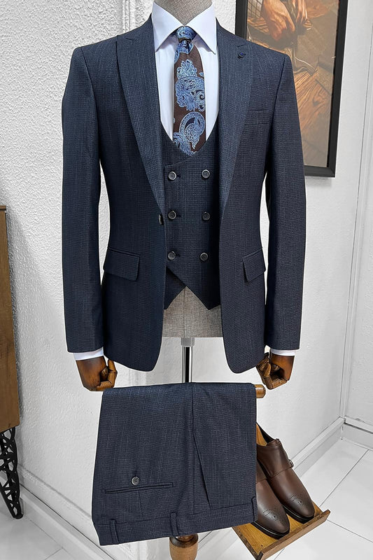 Selma Navy Blue Patterned Slim Fit Suit