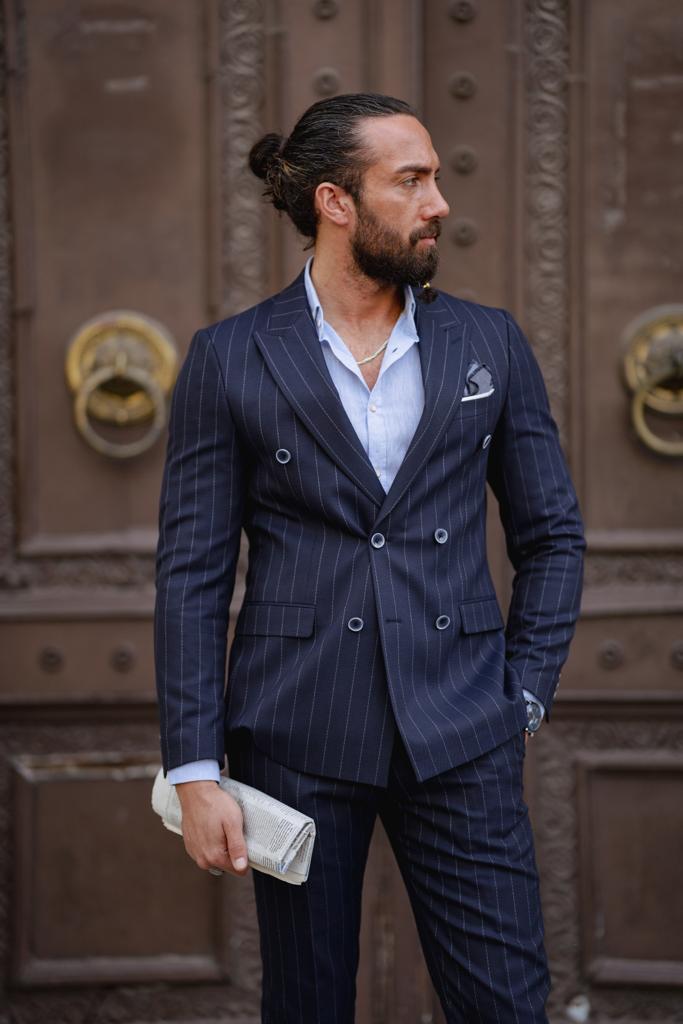 Verona Navy Blue Striped Double Breasted Suit