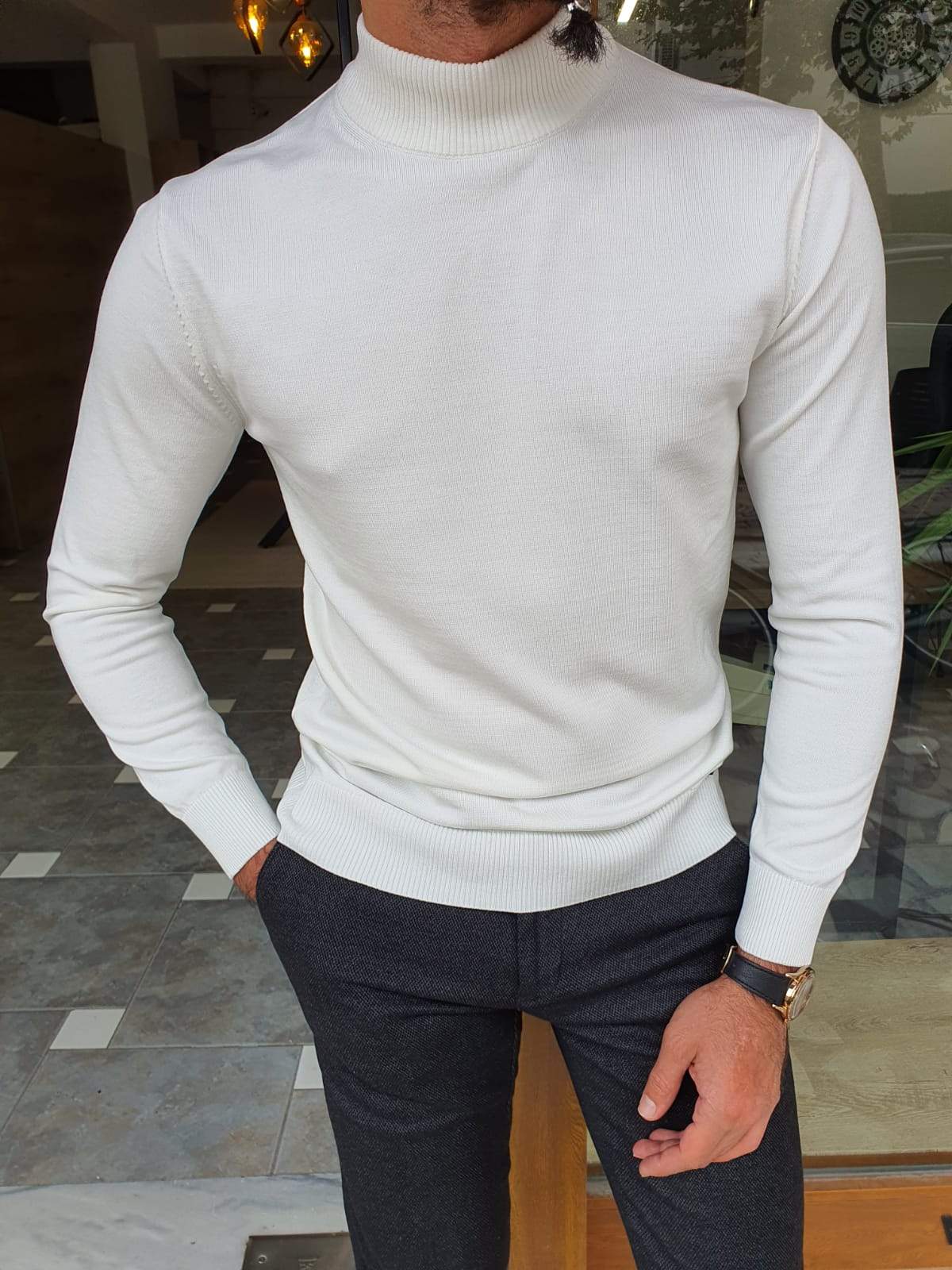 Aachen White Slim Fit Sweater