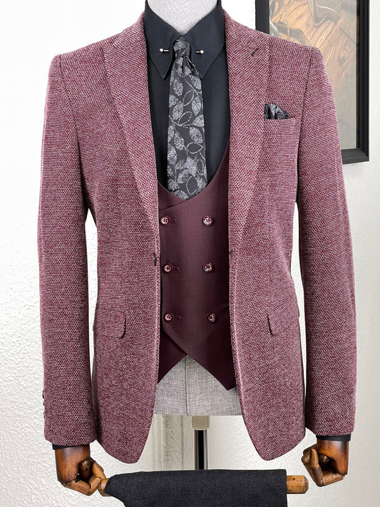 Blake Claret Red Self-Patterned Slim Fit Suit