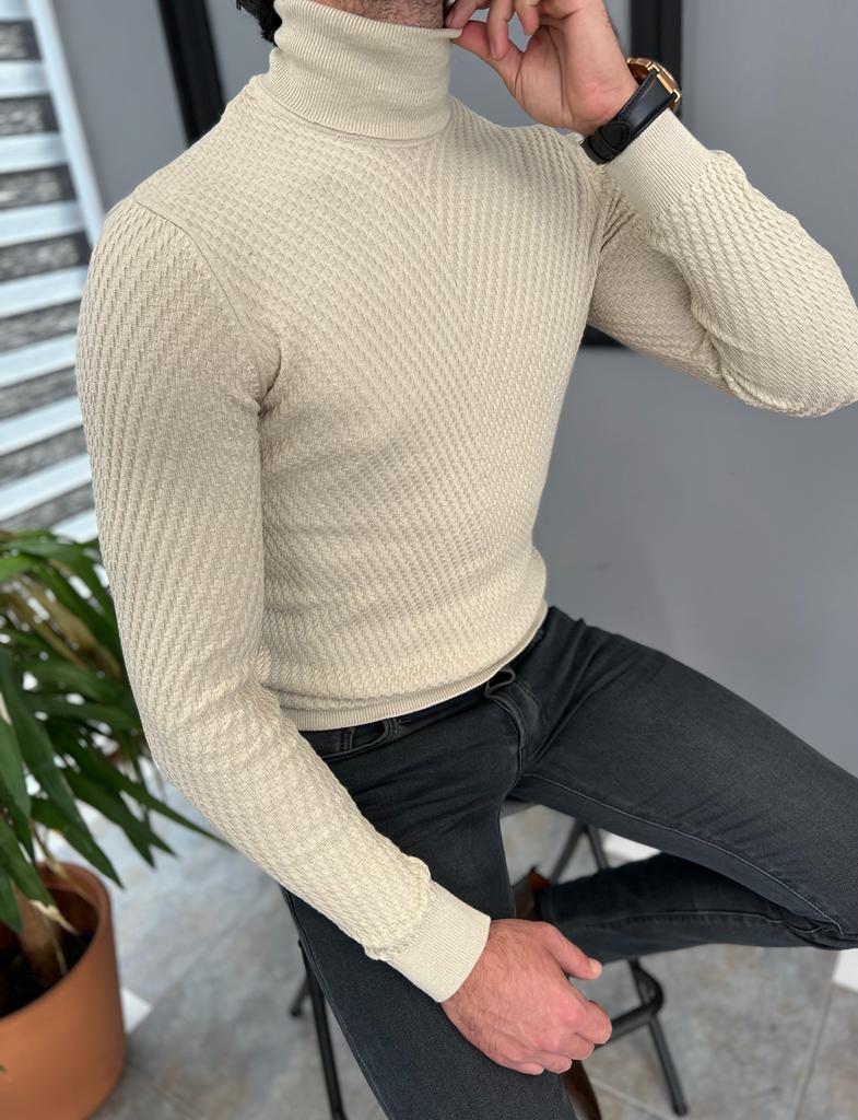 Dunfriez Beige Patterned Slim Fit Turtleneck Knitwear