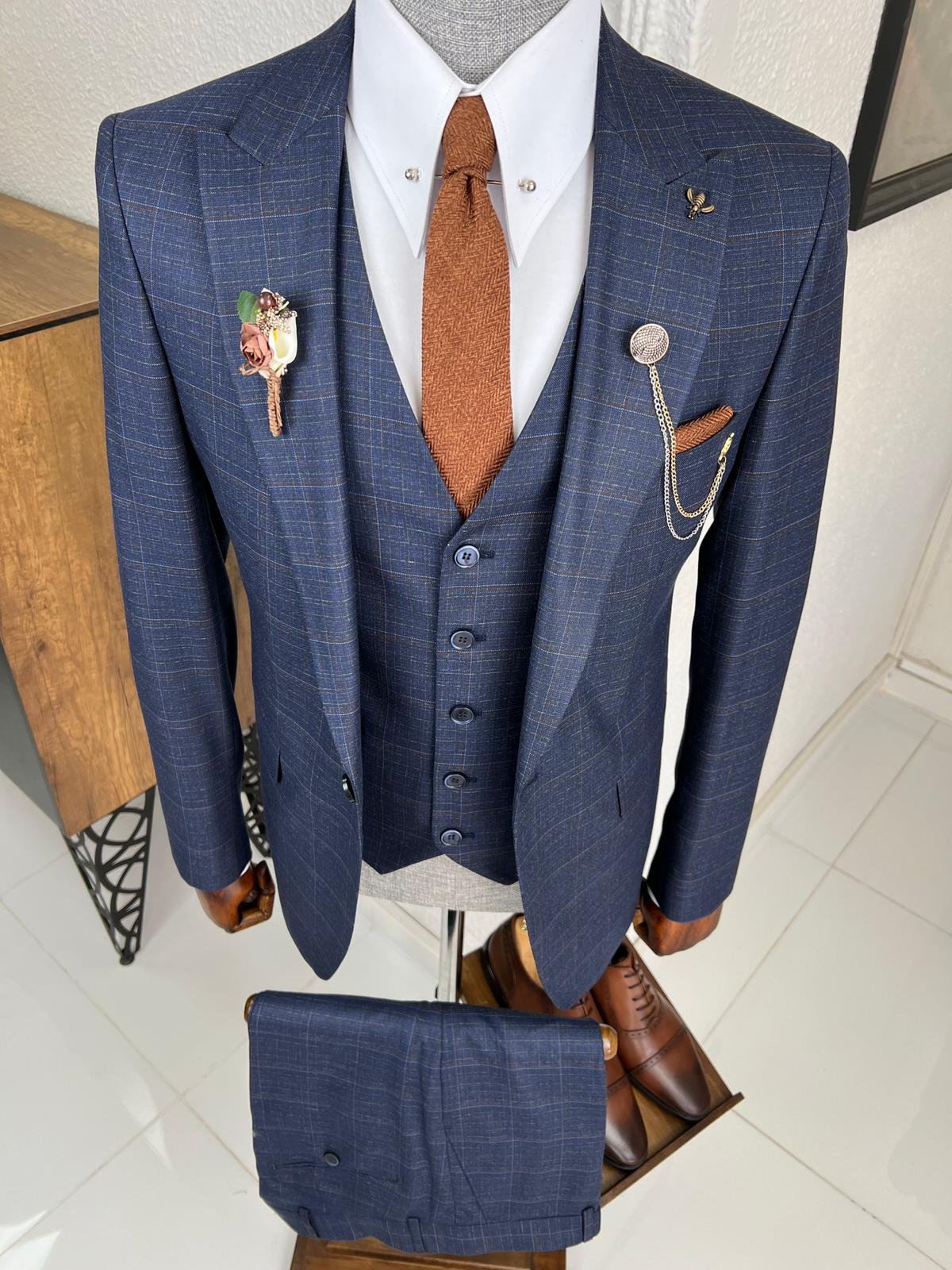 Trenton Navy Blue Plaid Slim Fit Suit