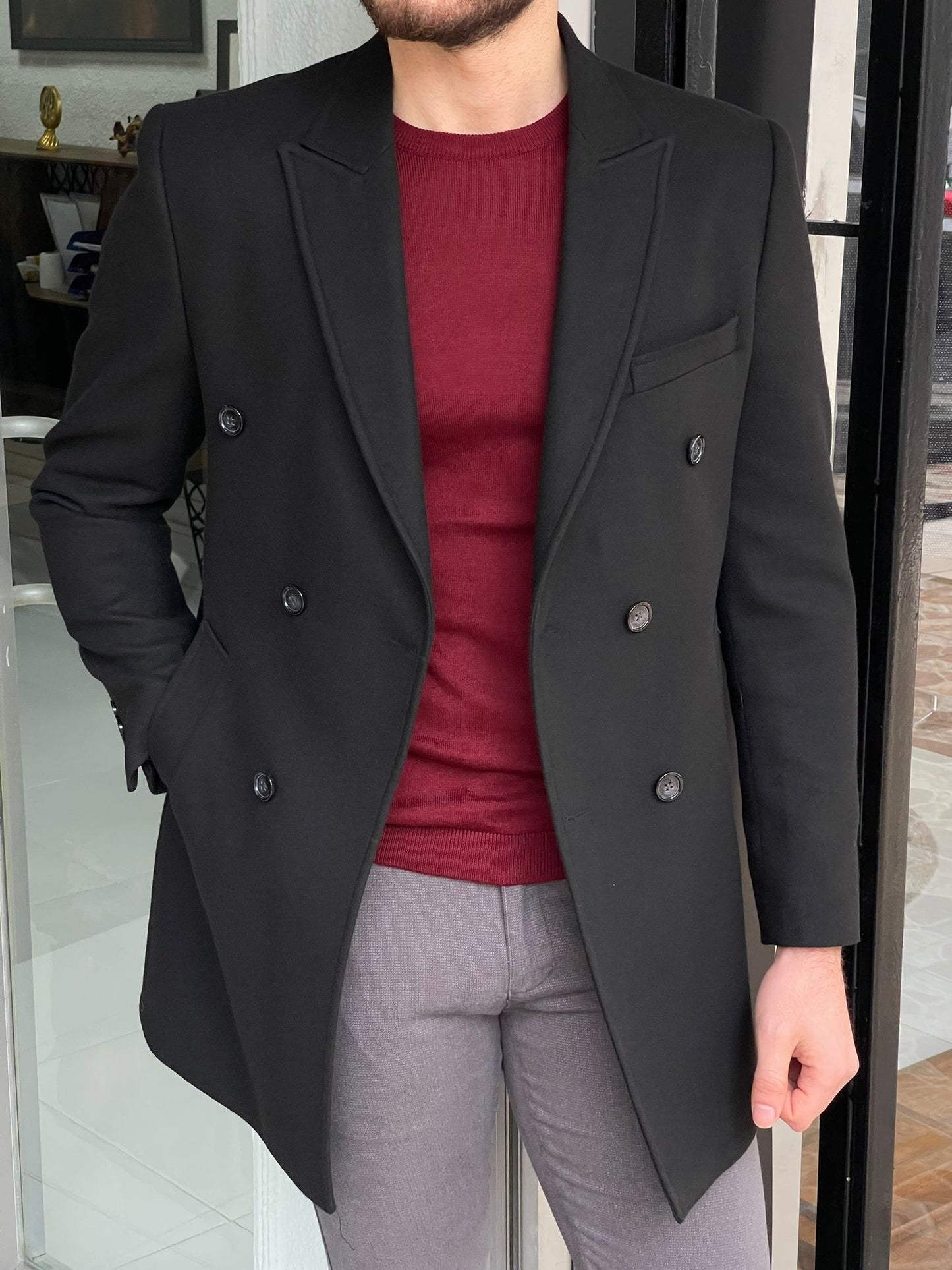 Denver Black Double Breasted Slim Fit Coat