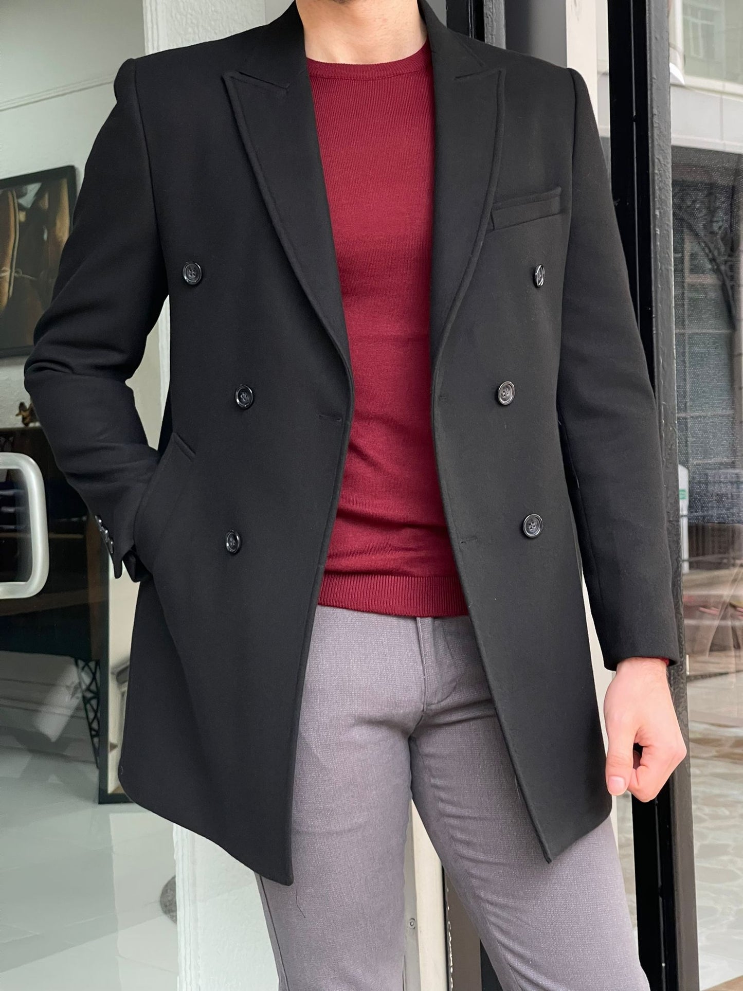 Denver Black Double Breasted Slim Fit Coat