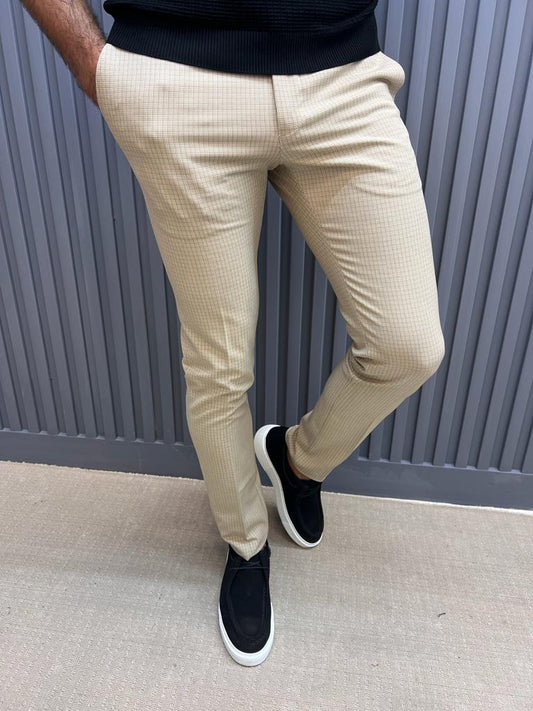 Marlen Beige Checkered Slim Fit Pants