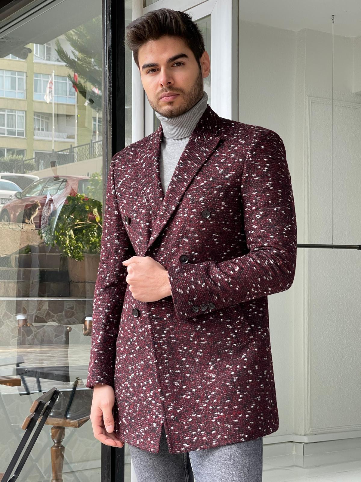 Denver Claret Red Patterned Double Breasted Slim Fit Coat