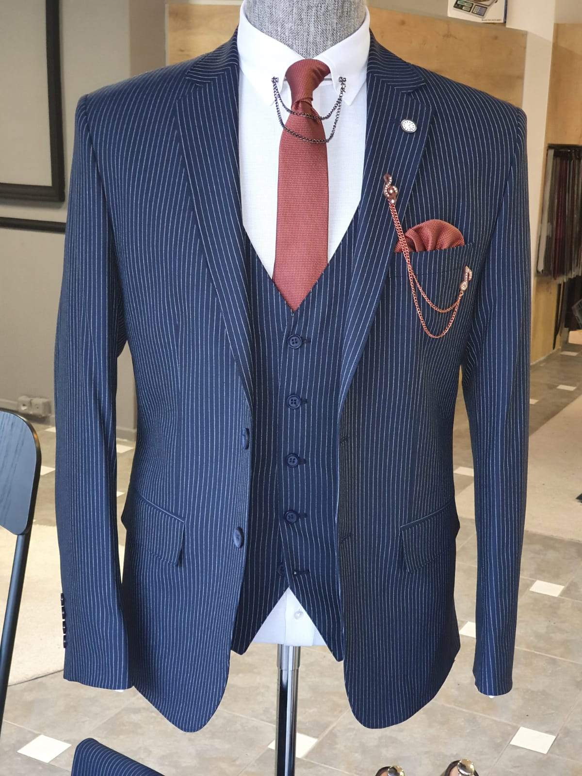 Varese Navy Blue Striped Slim Fit Suit