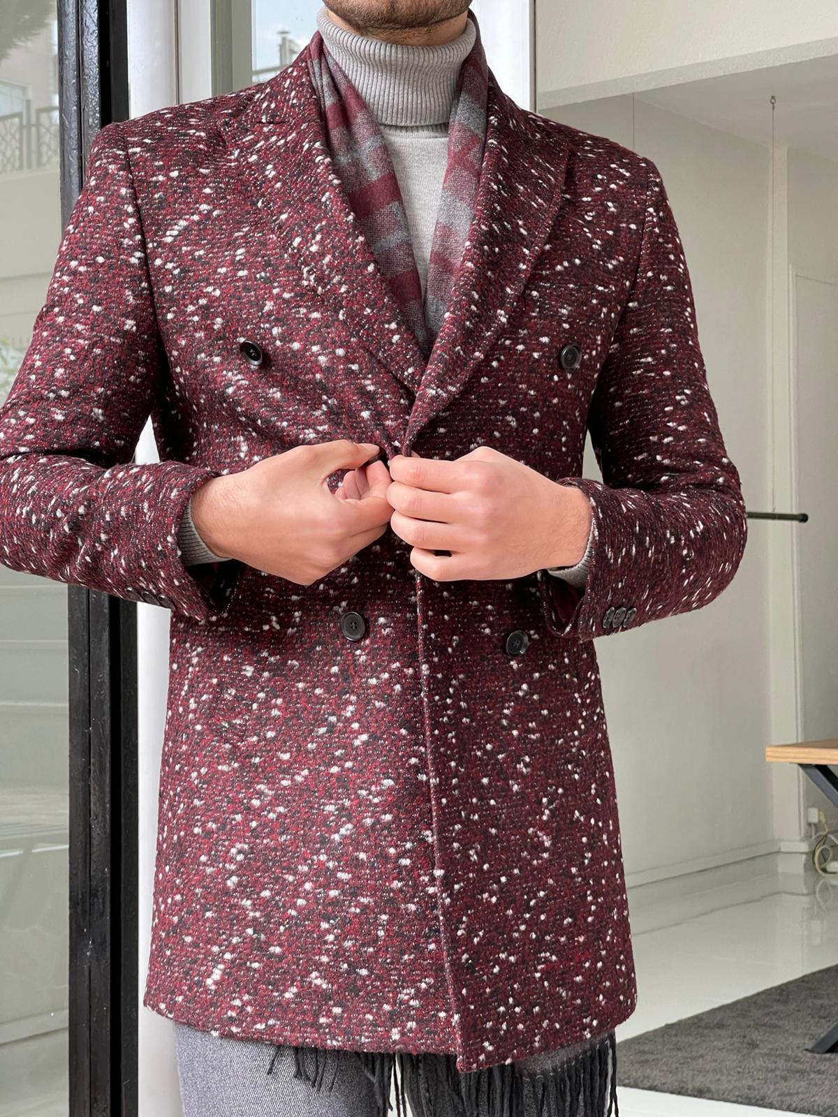 Denver Claret Red Patterned Double Breasted Slim Fit Coat