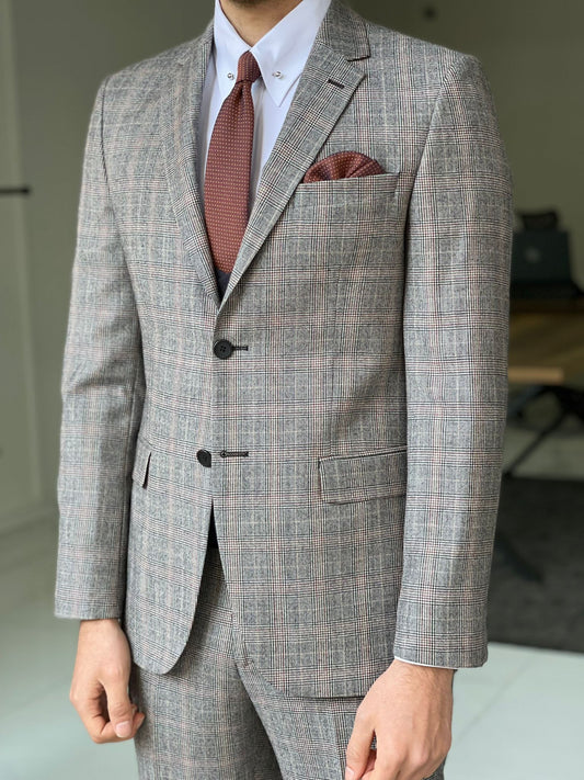 Lincoln Beige Plaid Slim Fit Suit