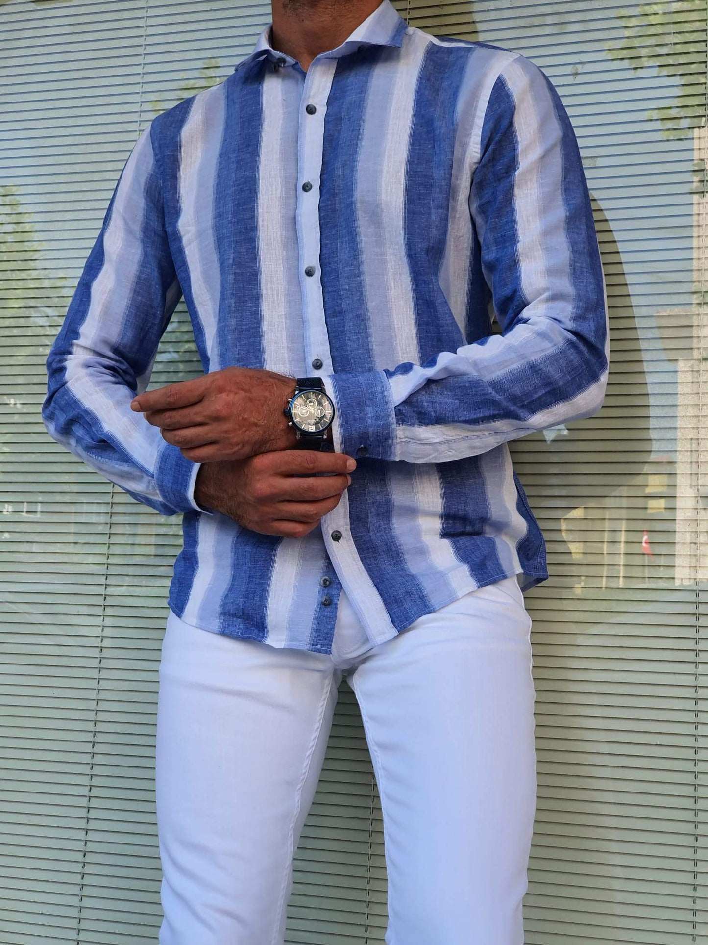 Elmore Blue Striped Slim Fit Shirt