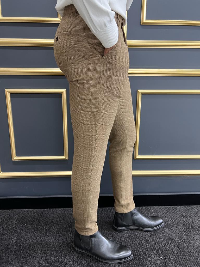 Ravello Camel Plaid Slim Fit Trousers