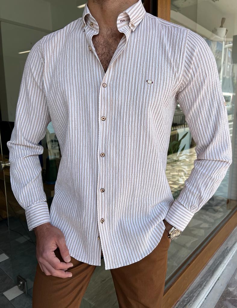 Bologna Beige Striped Slim Fit Shirt