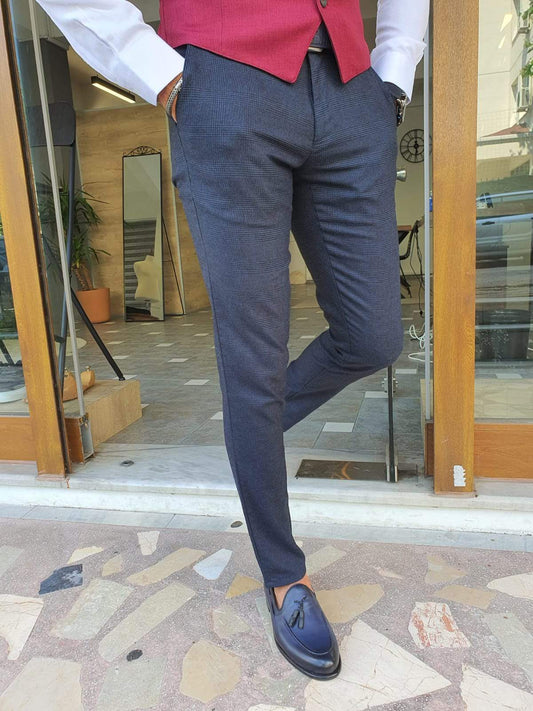 Palermo Navy Blue Plaid Slim Fit Pants