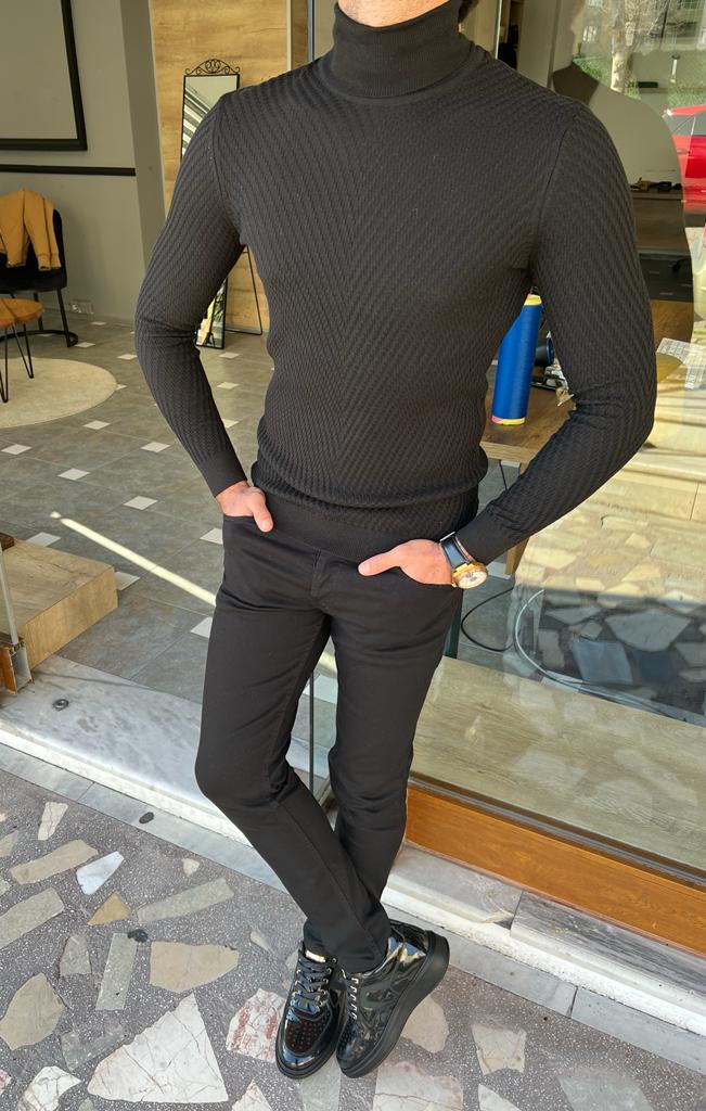 Dunfriez Black Patterned Slim Fit Turtleneck Knitwear