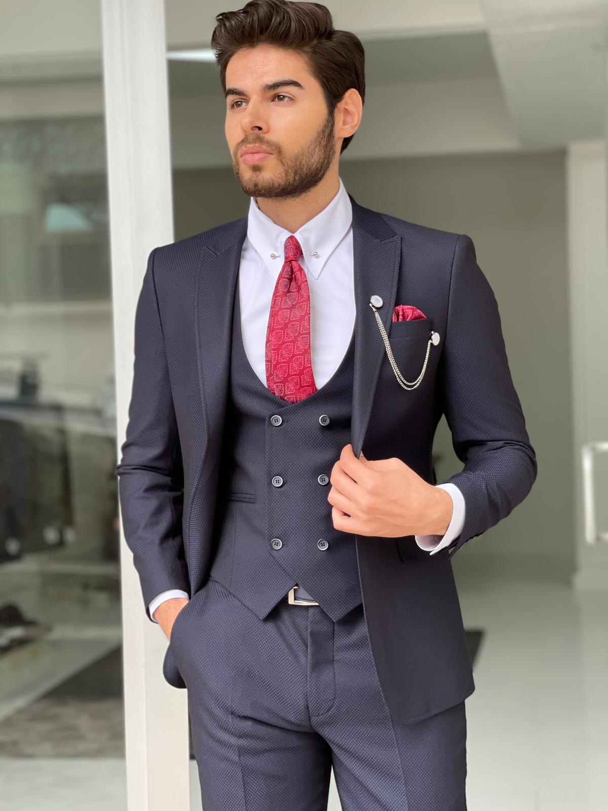 Dawson Navy Blue Patterned Slim Fit Suit