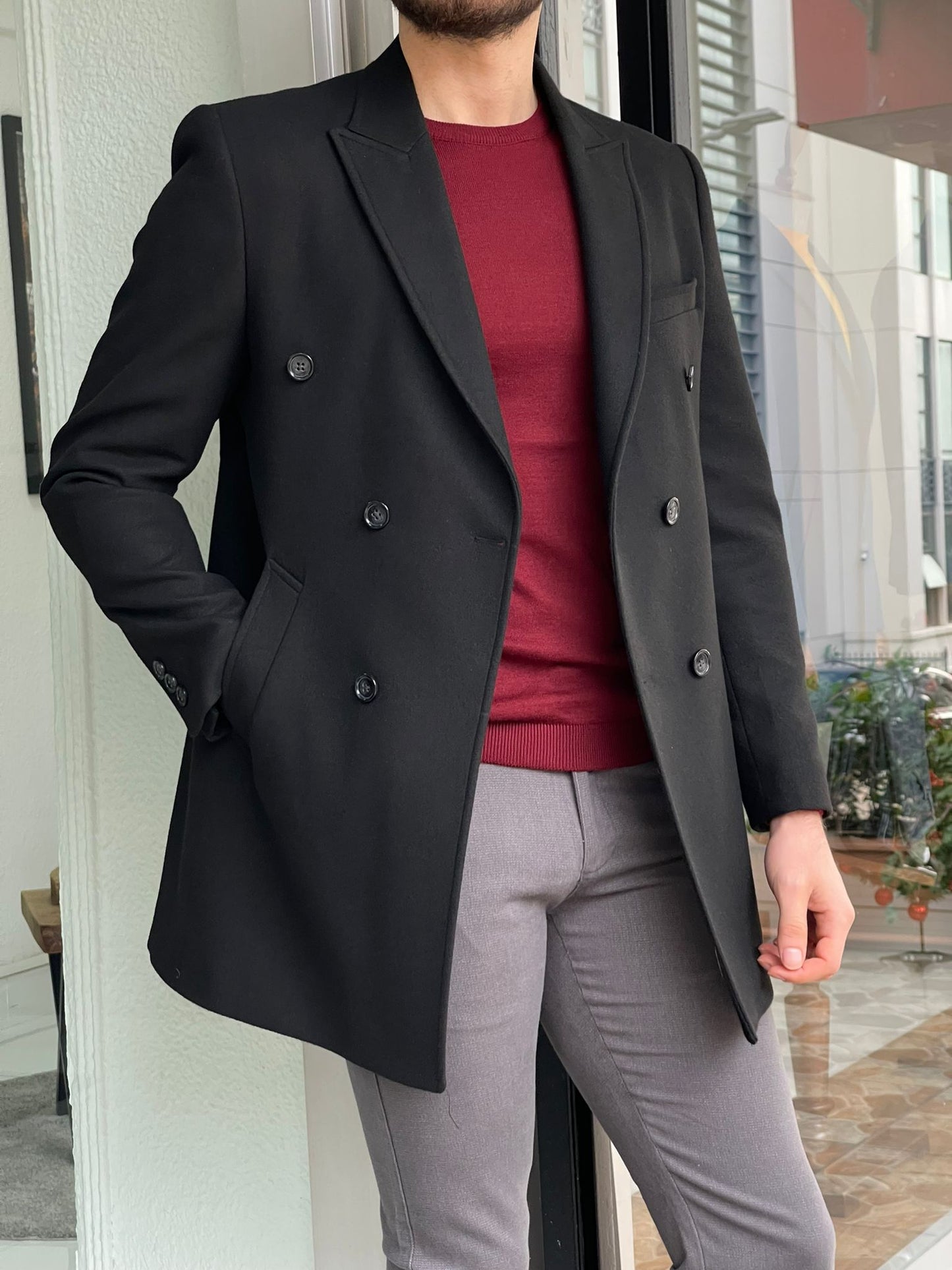 Denver Black Double Breasted Slim Fit Coat