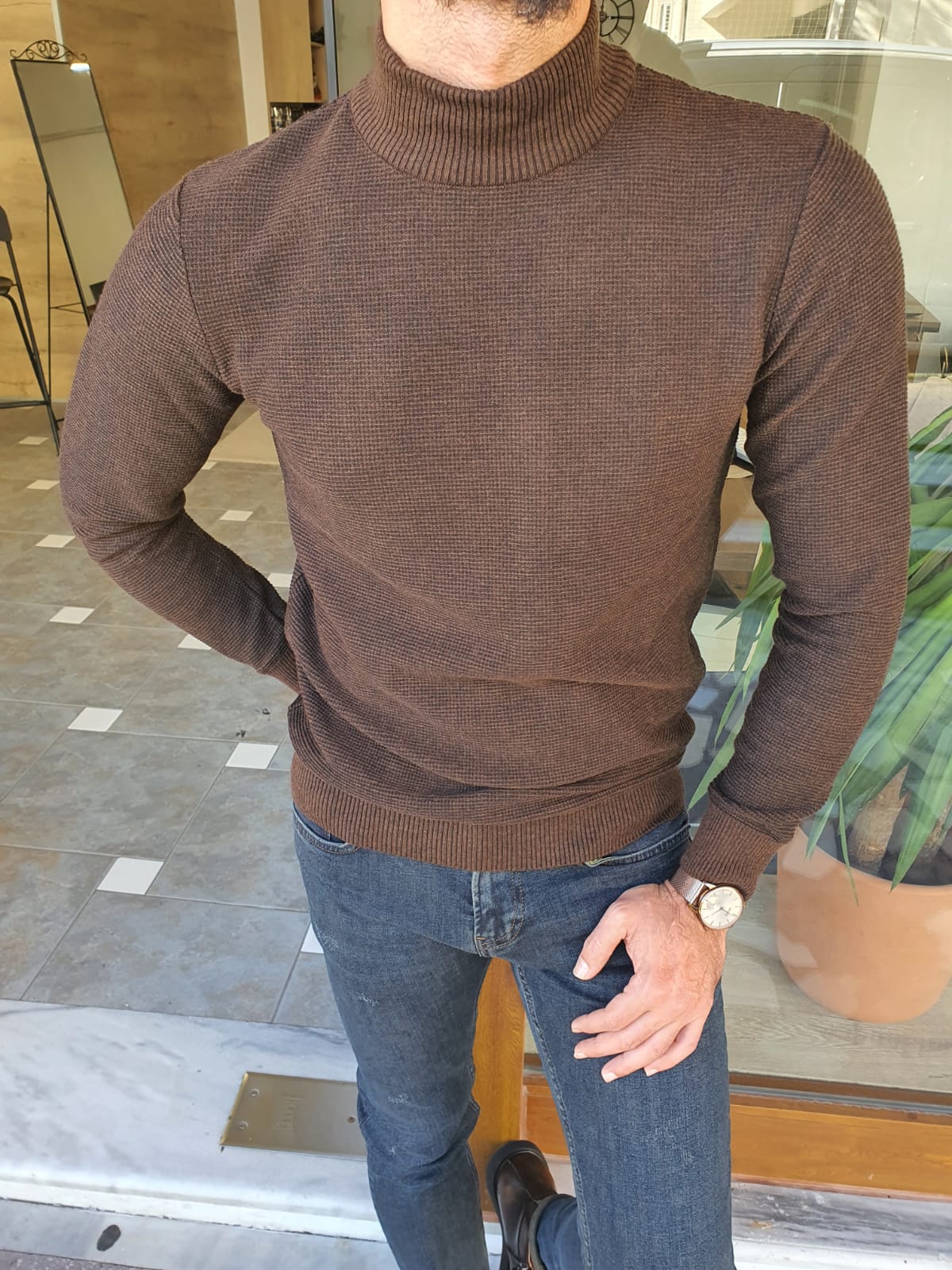 Zurich Brown  Slim Fit Half Turtleneck Sweater