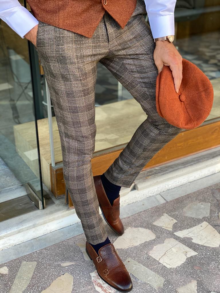 Columbus Beige Plaid Slim Fit Trousers