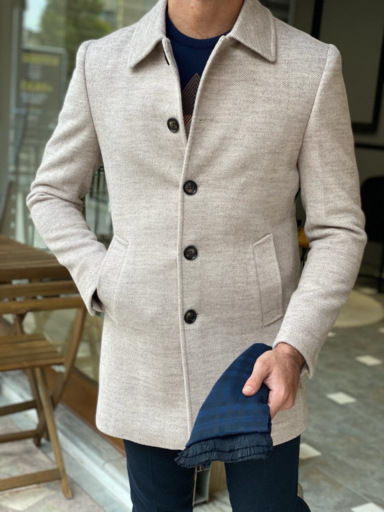 Genoa Beige Wool Collar Slim Fit Coat