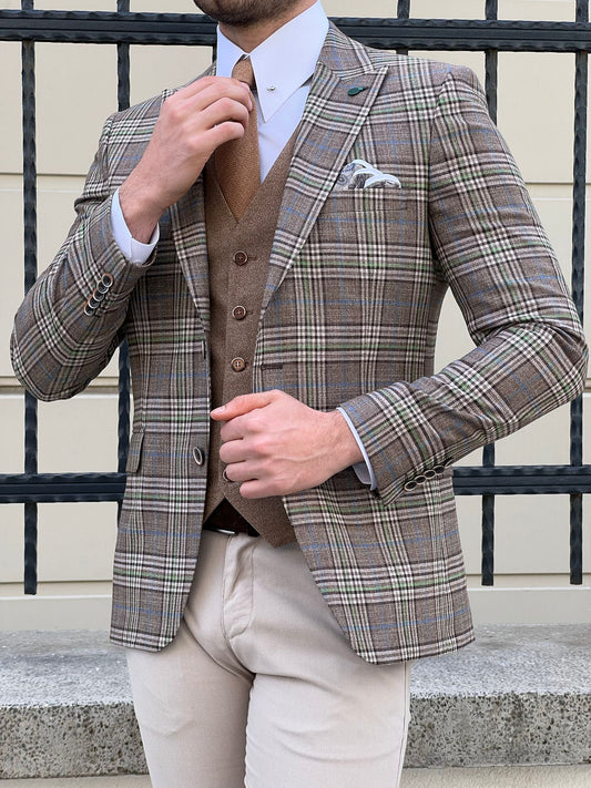 Mustang Beige Plaid Slim Fit Blazer