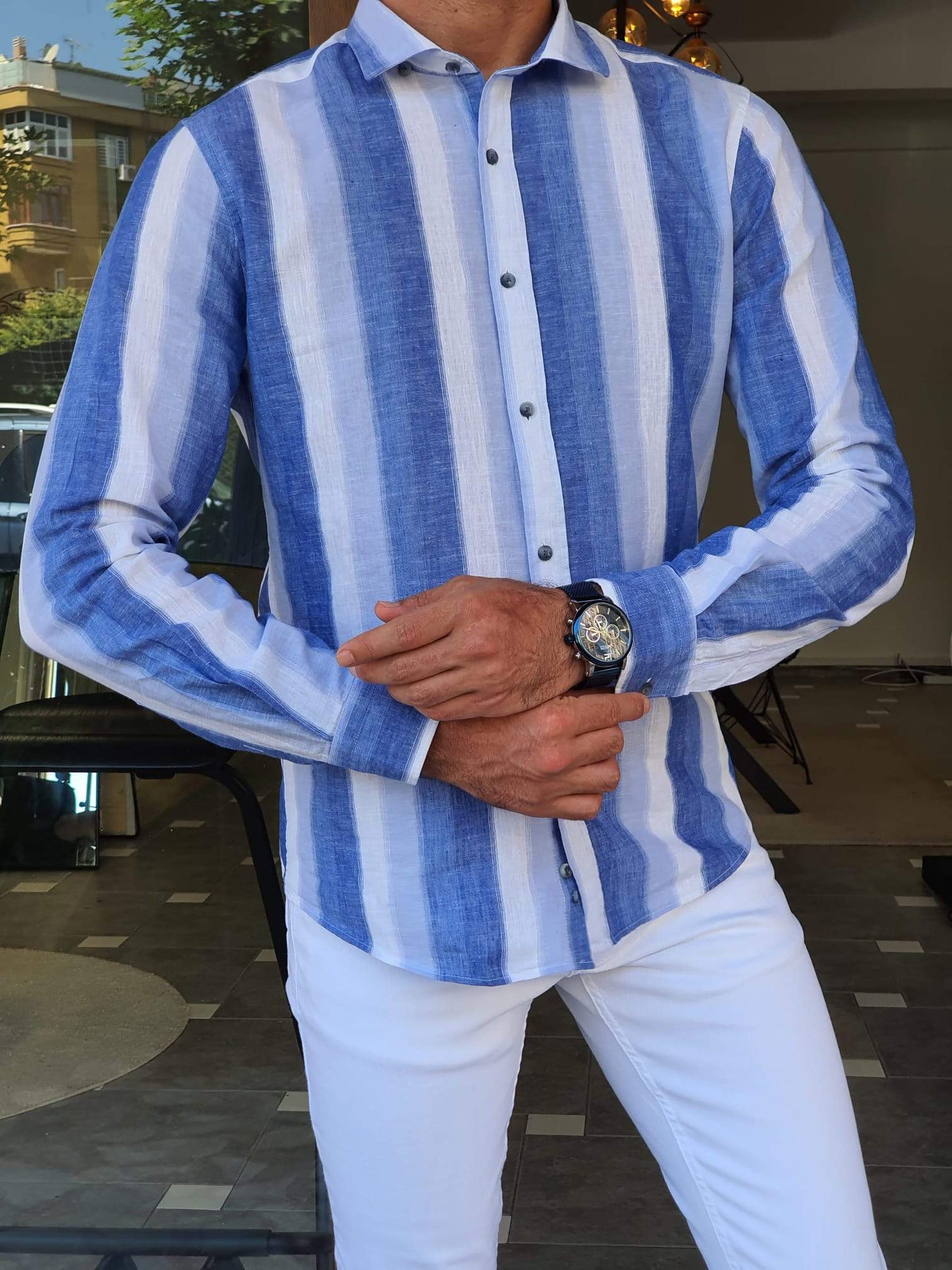 Elmore Blue Striped Slim Fit Shirt