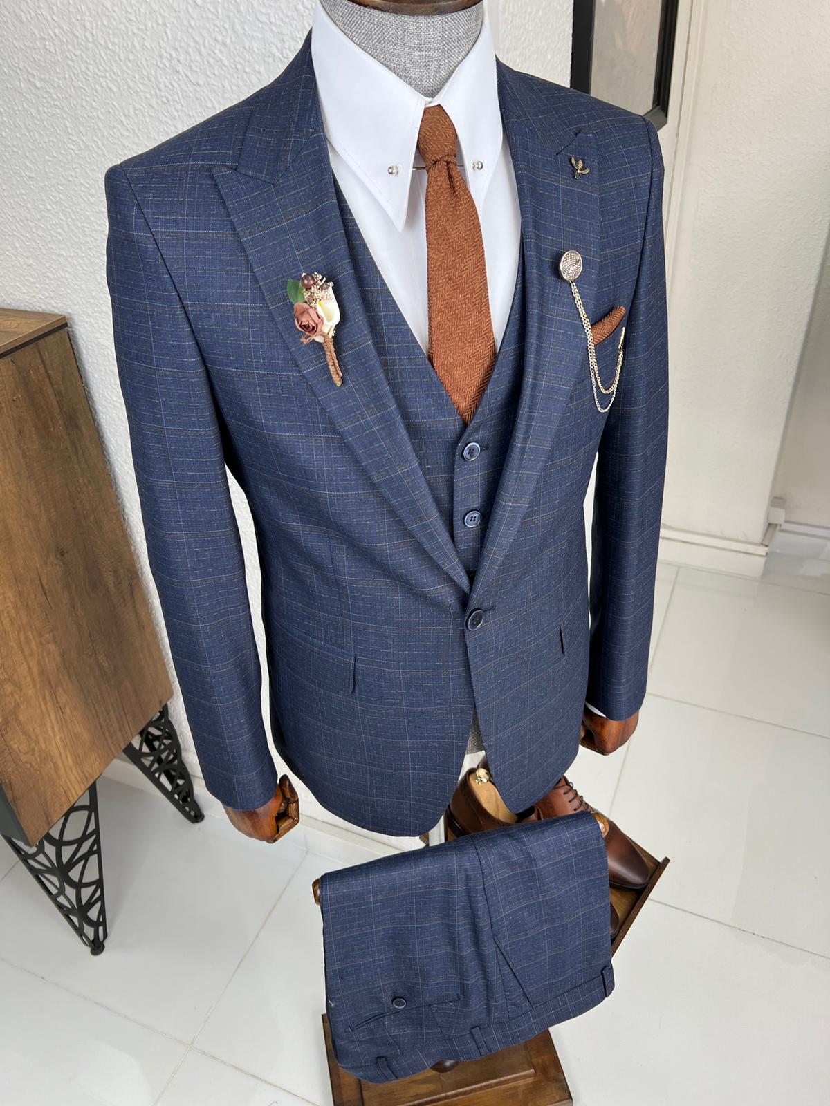 Trenton Navy Blue Plaid Slim Fit Suit