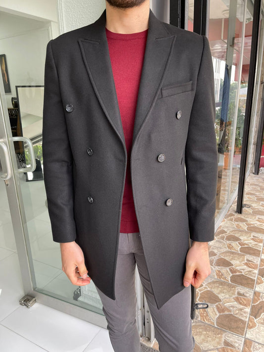 Denver Black Double Breasted Slim Fit Coat