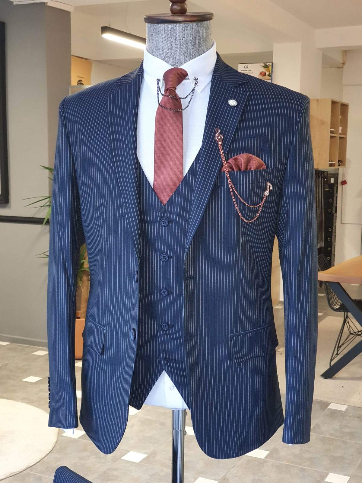 Varese Navy Blue Striped Slim Fit Suit