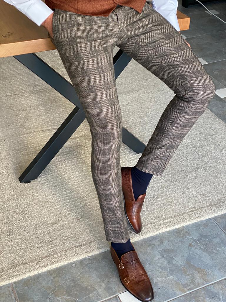 Columbus Beige Plaid Slim Fit Trousers