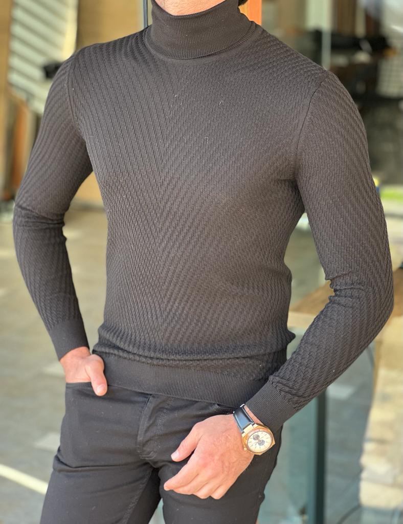 Dunfriez Black Patterned Slim Fit Turtleneck Knitwear