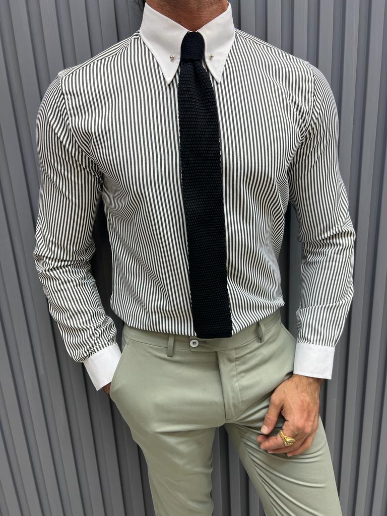 Ned Gray Striped Slim Fit Shirt