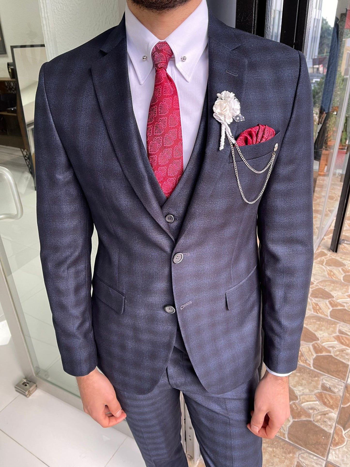 Darwin Navy Blue Plaid Slim Fit Suit