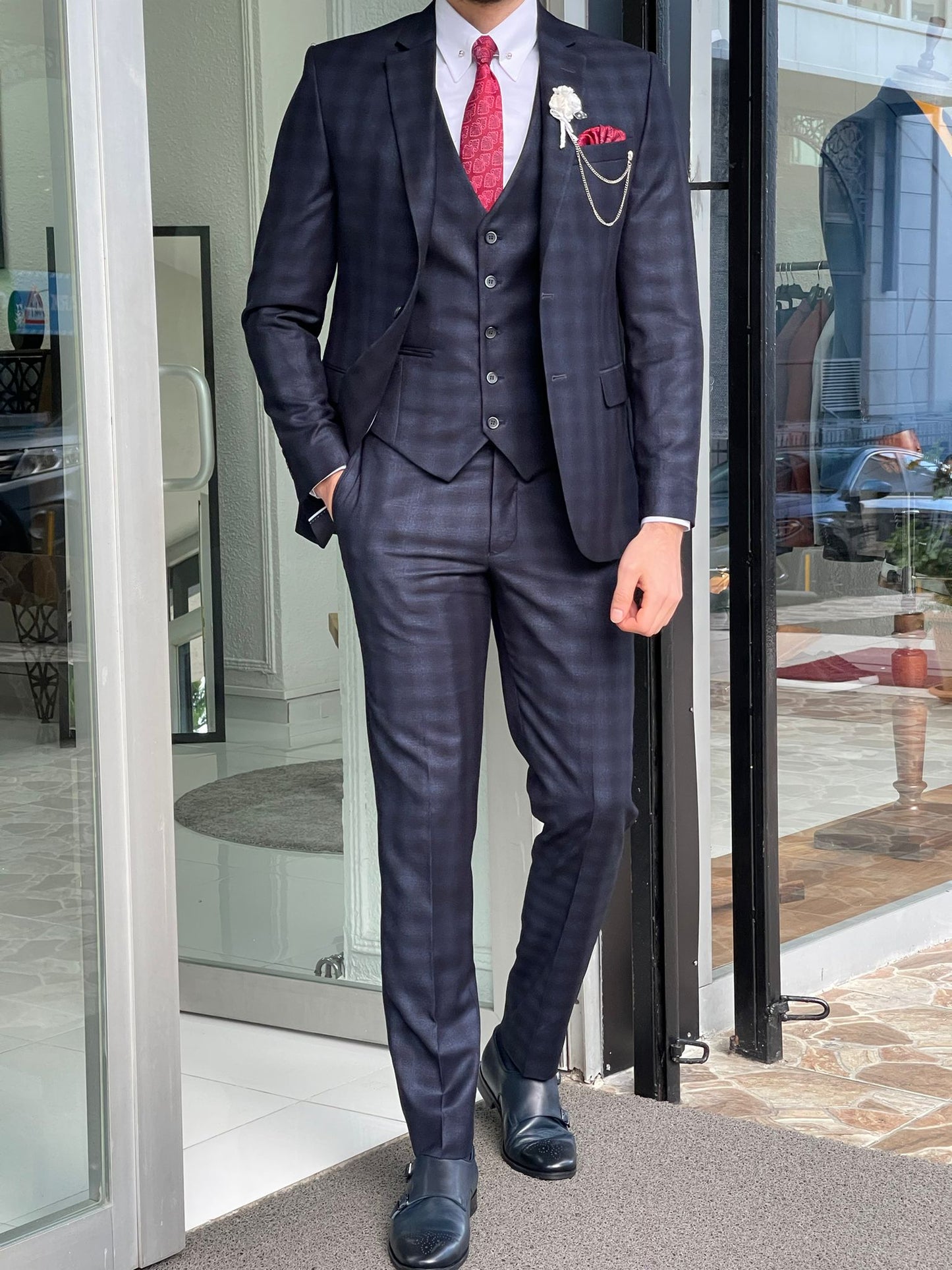 Darwin Navy Blue Plaid Slim Fit Suit