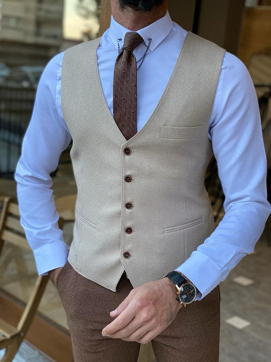 Augusta Beige Slim Fit Buttoned Vest