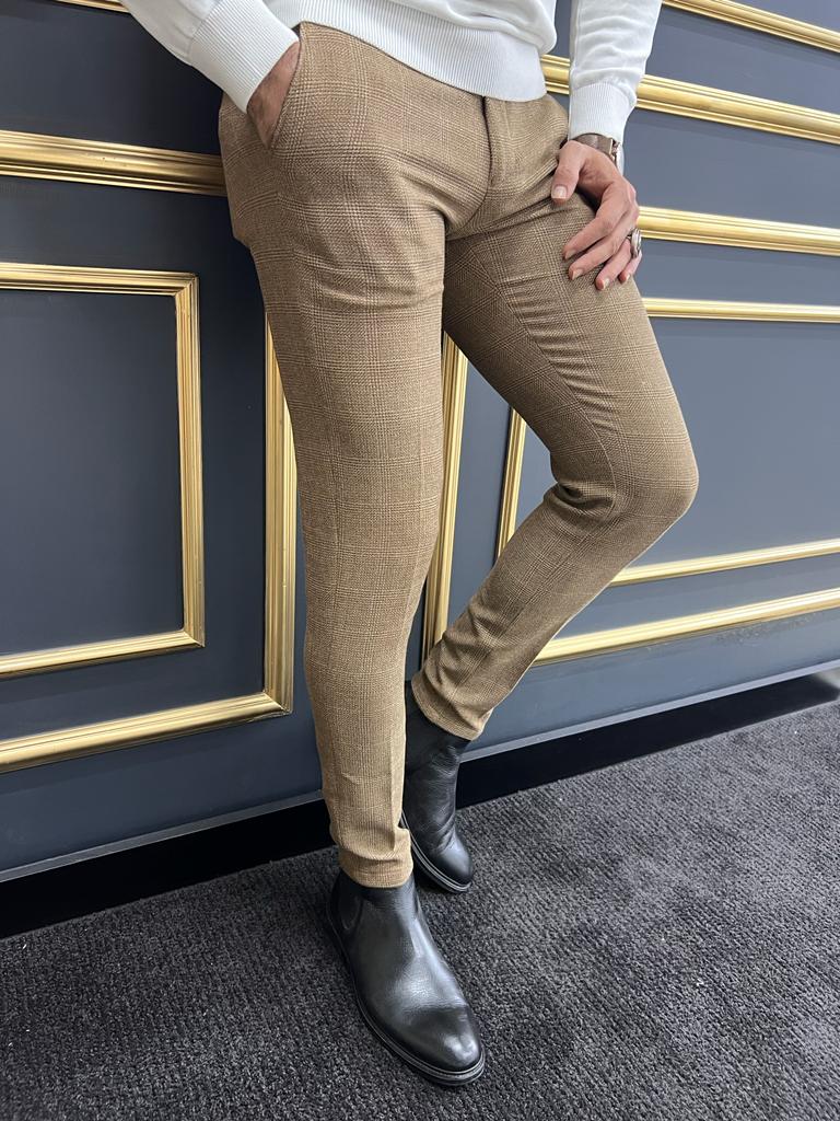 Ravello Camel Plaid Slim Fit Trousers