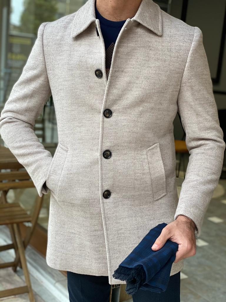 Genoa Beige Wool Collar Slim Fit Coat