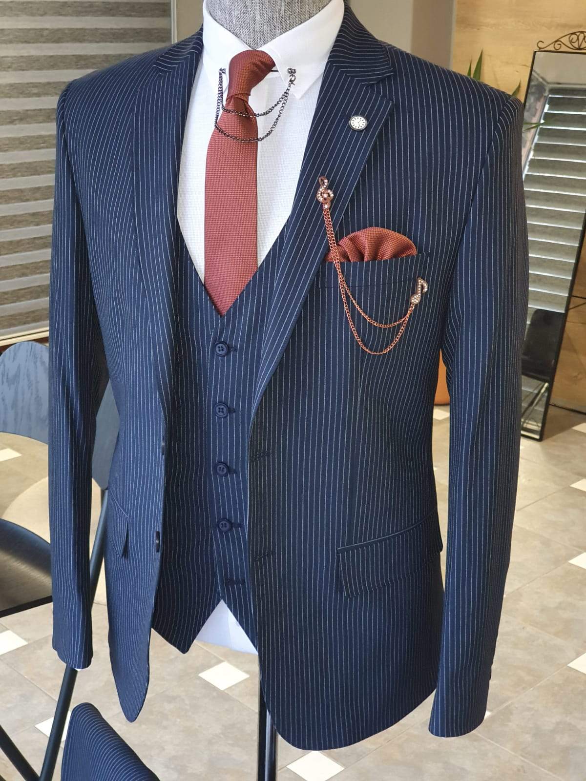 Varese Navy Blue Striped Slim Fit Suit